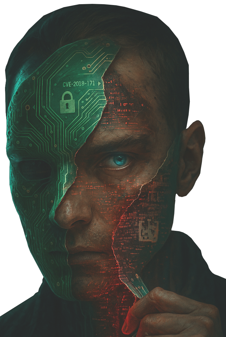 A face with a hand pulling away at a mask made of PCB traces, showing a dark dystopian human underneath