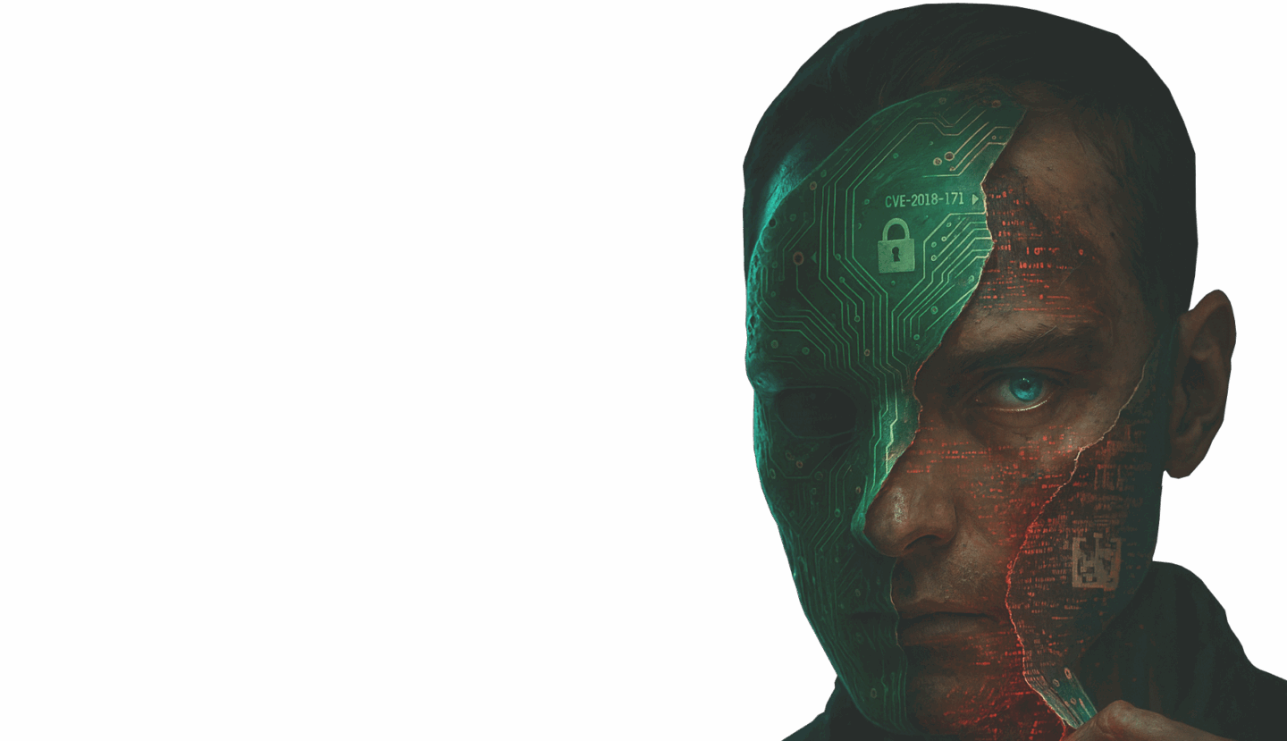A face with a hand pulling away at a mask made of PCB traces, showing a dark dystopian human underneath
