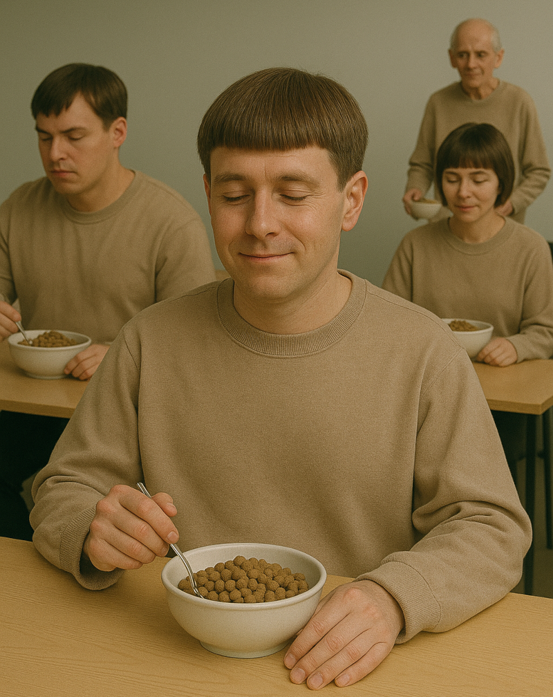 Man looking contented whilst eating dog food, and wearing the same haircut and clothes as everyone else.