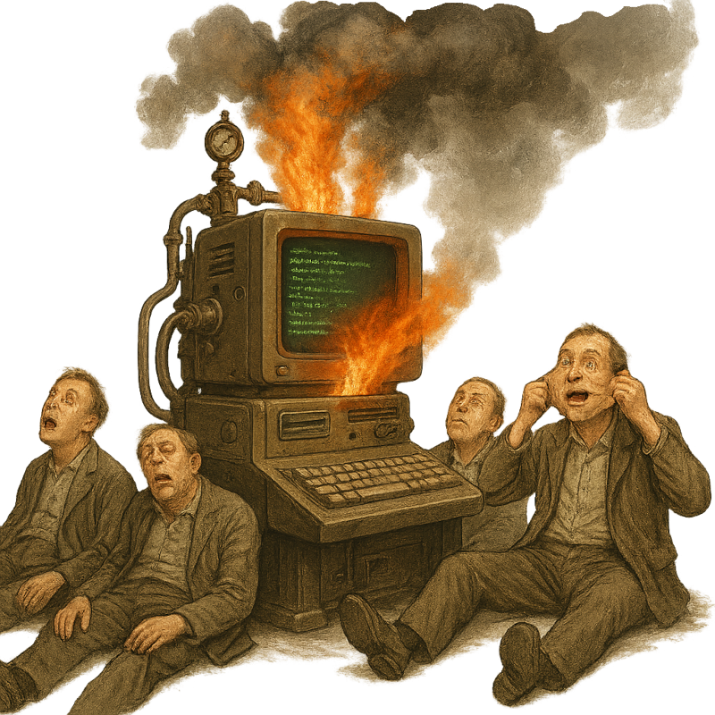 Steampunk computer working really hard with people looking stupid lounging around next to it