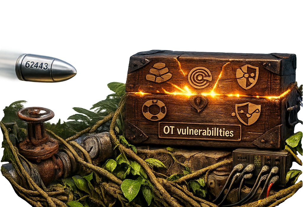A silver bullet inscribed with "62443" flies through the air at a mysterious box containing Operational Technology vulnerabilities