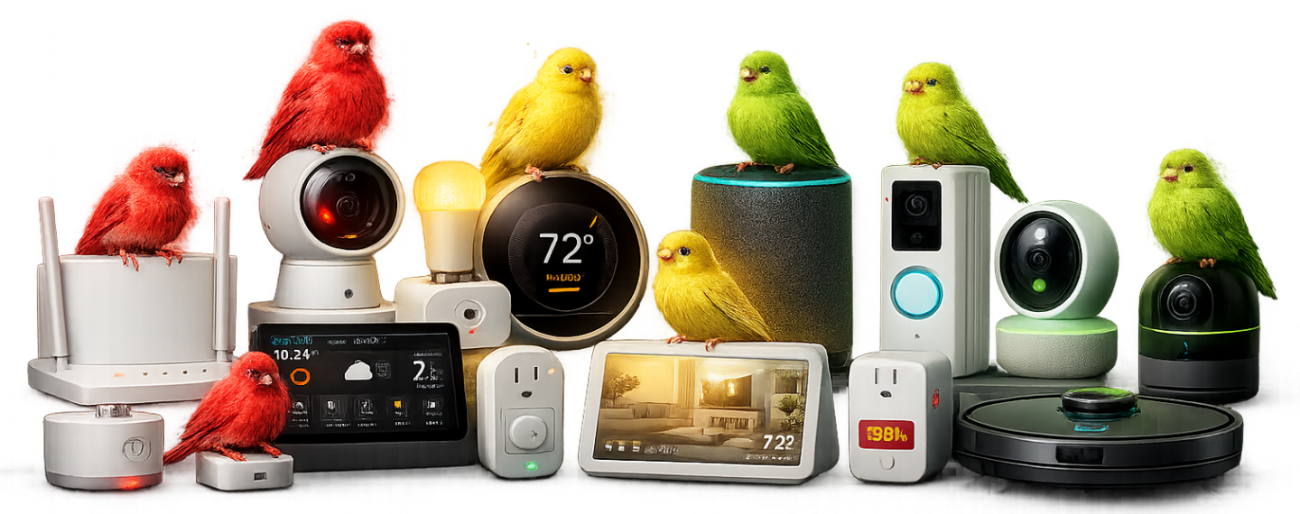 A selection of smart devices each with its own "insecurity canary" sat on top of it in red yellow or green showing the devices cyber security health.