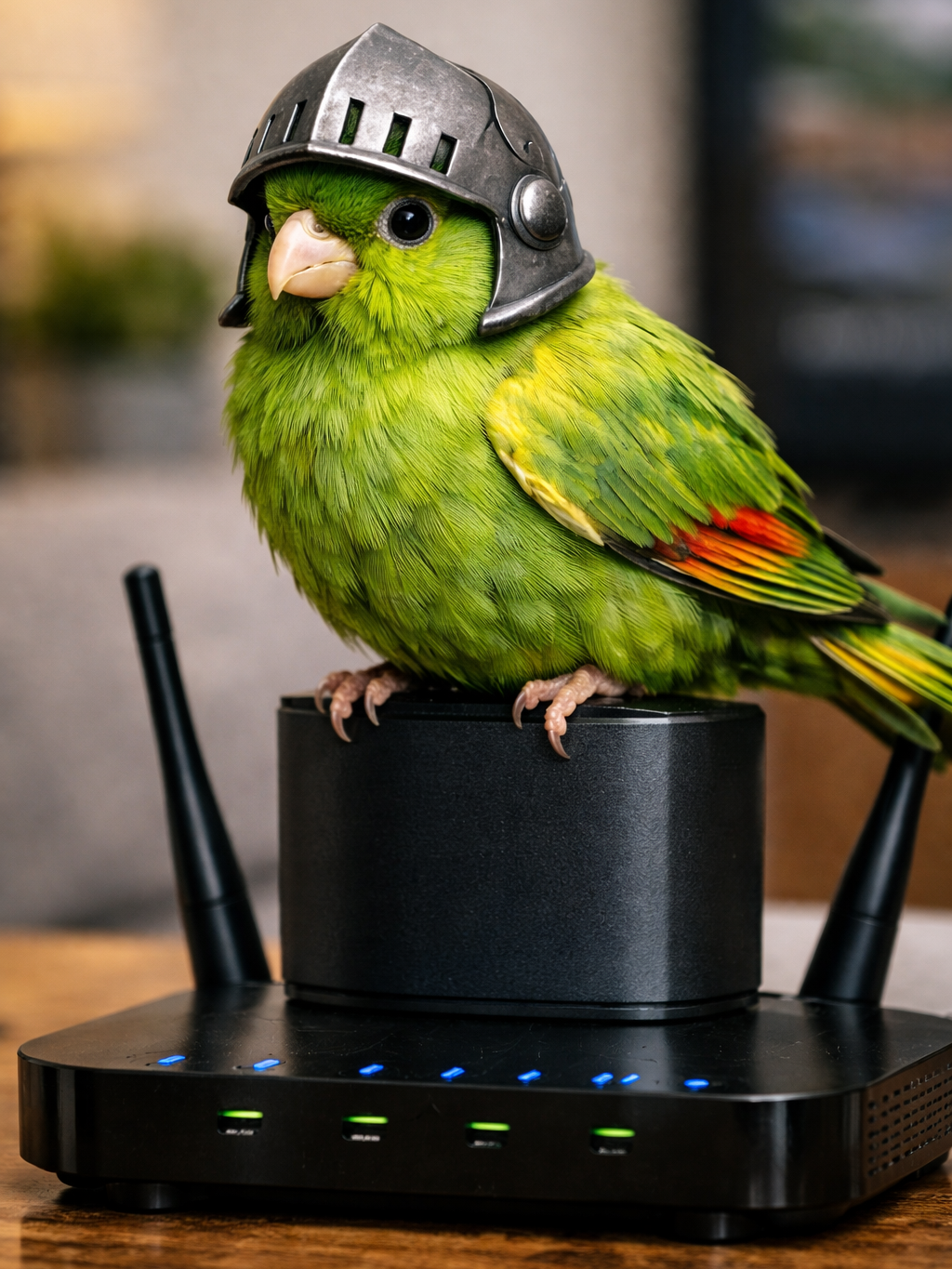 A single green canary sits on top of a home router wearing an armoured helment