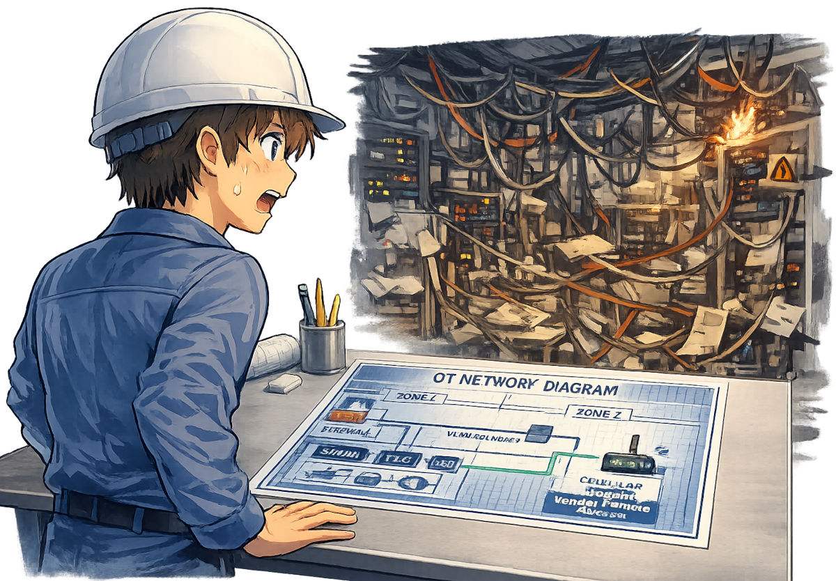 An engineer with an OT network diagram that include a firewall and VLAN boundaries and a cellular modem icon. The engineer is looking at the actual physical implementation and it is chaotic with little chance that the diagram actually represents the reality.