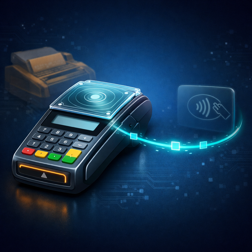 An illustration of a card machine with an external and potentially malicious card reader.