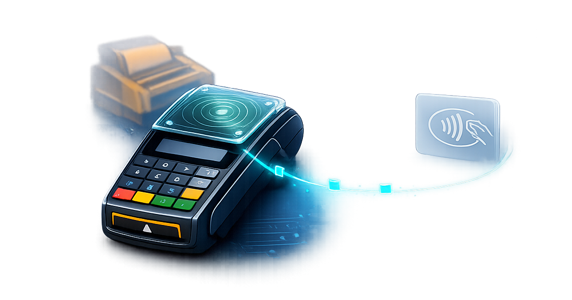 An illustration of a card machine with an external and potentially malicious card reader.