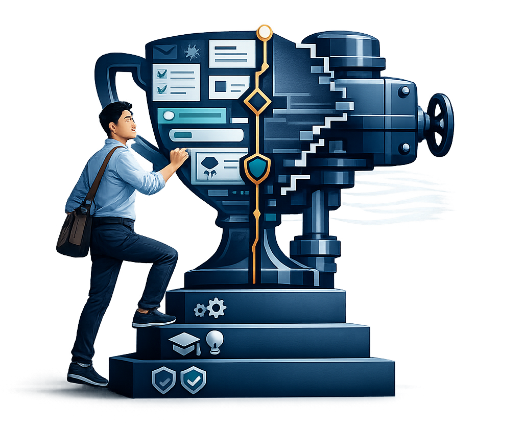 Young man walks up steps at a trophy which is morphing into an industrial actuator