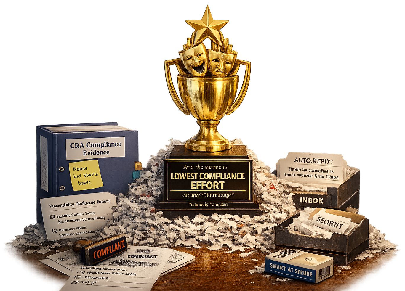 A tacky trophy on a plinth. The trophy looks cheap, like bulk-order acrylic or hollow gold plastic. The plaque on the plinth reads: “And the winner is… LOWEST COMPLIANCE EFFORT”
