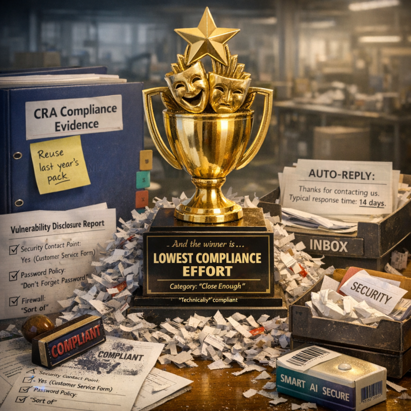 A tacky trophy on a plinth. The trophy looks cheap, like bulk-order acrylic or hollow gold plastic. The plaque on the plinth reads: “And the winner is… LOWEST COMPLIANCE EFFORT”