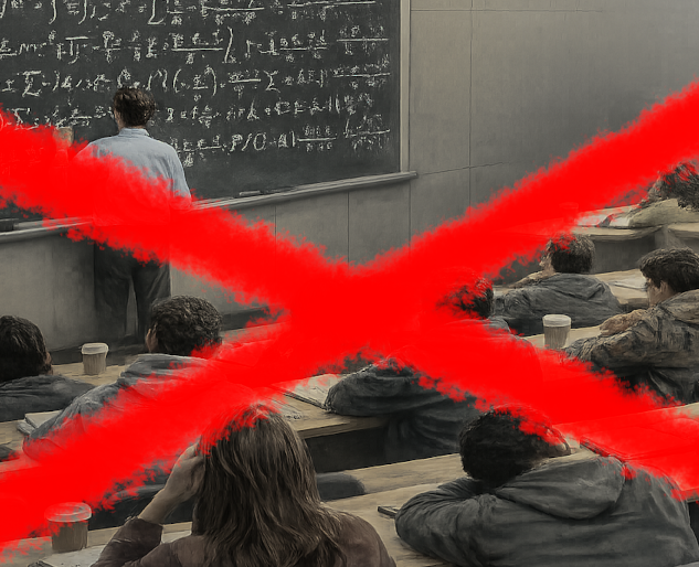 A lecture theatre with bored students whilst a lecturer busily writes equations on a chalk board. The whole scene has a red cross through it.