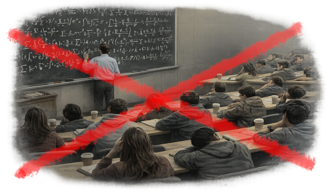 A lecture theatre with bored students whilst a lecturer busily writes equations on a chalk board. The whole scene has a red cross through it.
