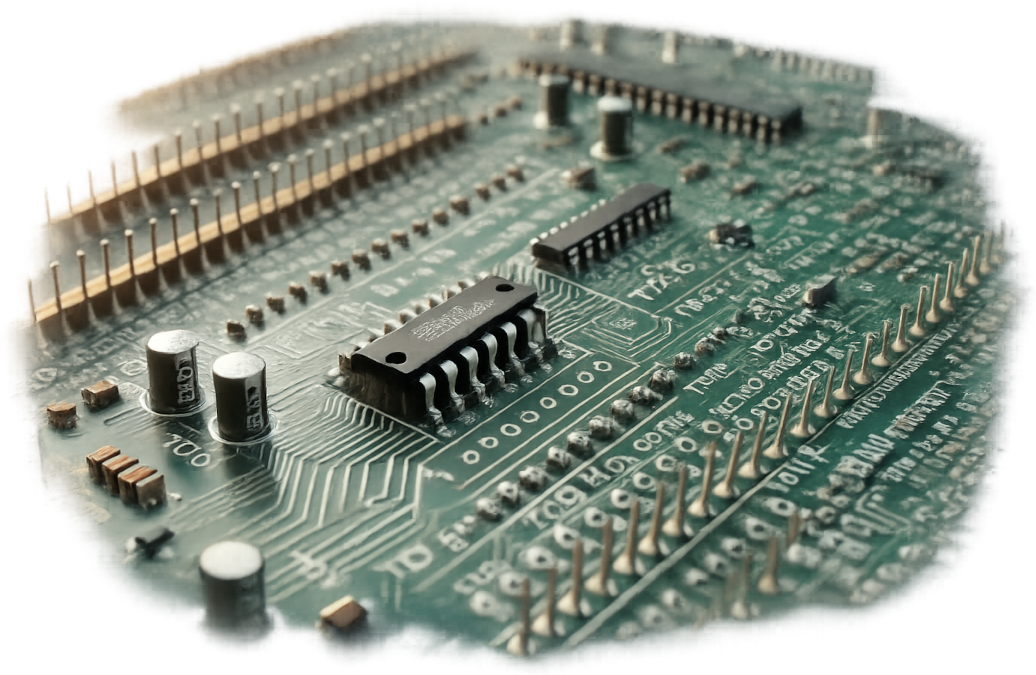 A PCB with Surface Mounted Chips, capacitors, resistors, and headers