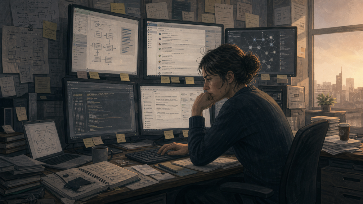 A tired woman stares at a one of many computer screens in front of her which an overwhelming array of things demanding her attention. All the while it is sunny outside but she has not noticed.