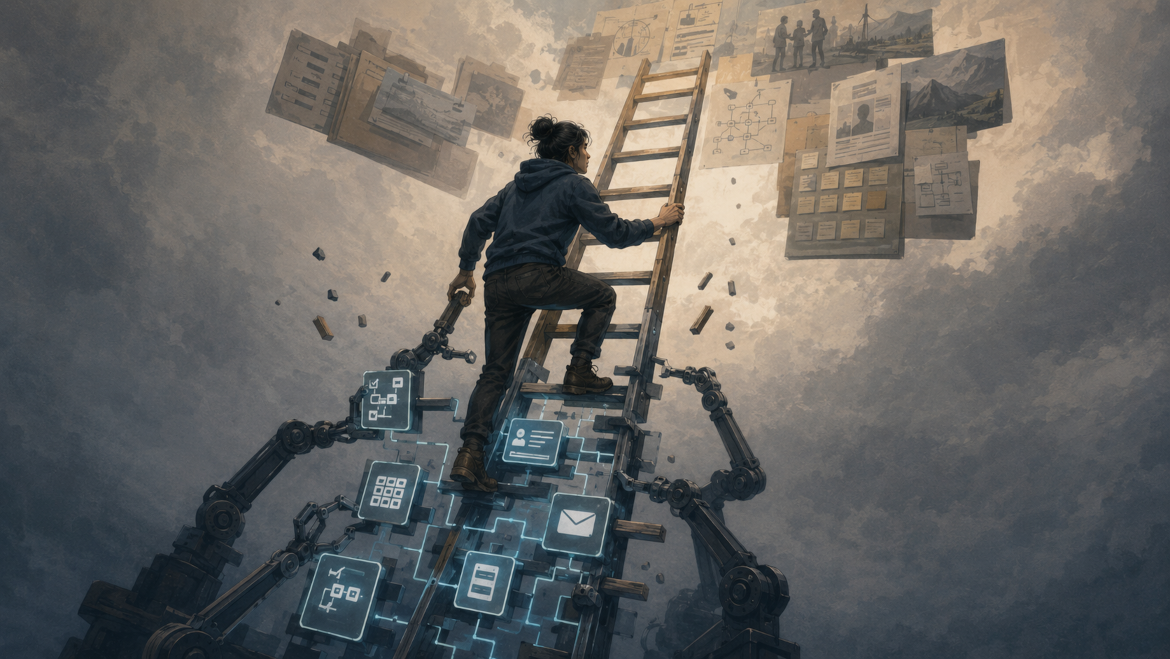 A woman climbs a ladder towards a brighter patch of sky. The ladder beneath her is being changed. It is not clear if she is being supported towards the top, or chased unwillingly away from the bottom.