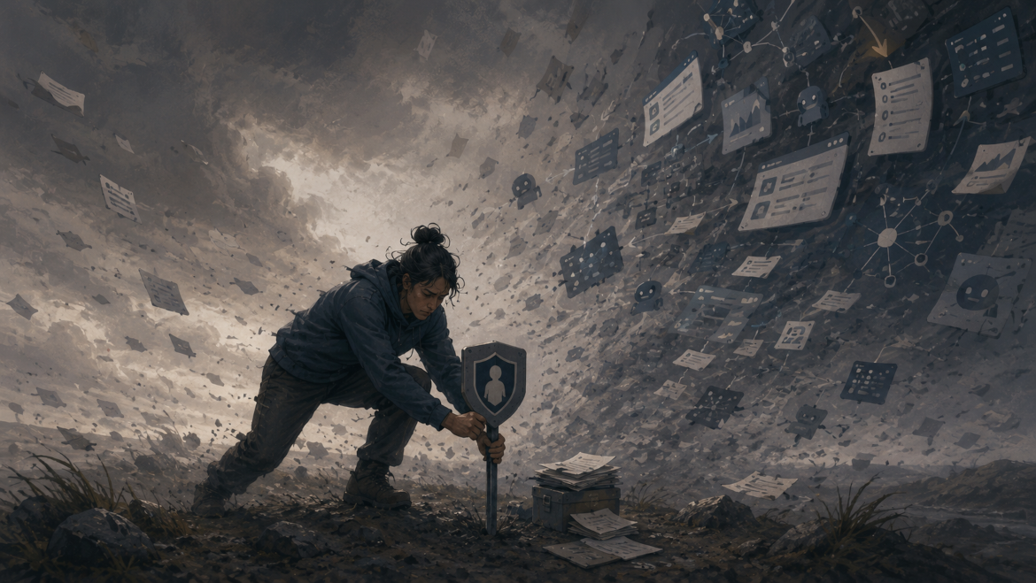 During a storm a woman places a boundary marker showing that humans have rights too.