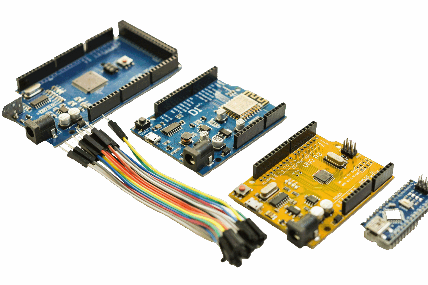 Collection of Arduino-compatible development boards, jumper wires, and IoT microcontrollers used for embedded systems development, hardware prototyping, and IoT security testing.